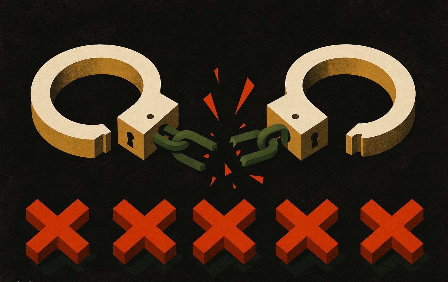 Cover art: two broken handcuff rings with vermilion sparks and a row of X marks below, on dark stock