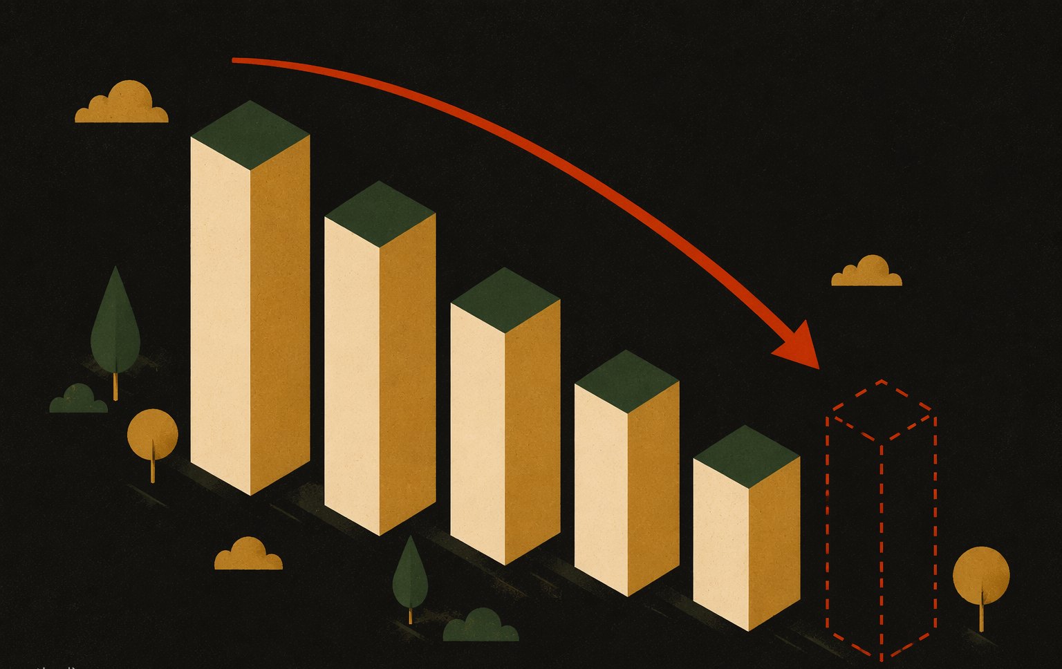 Cover art: descending bar-chart columns on dark stock, the final column only a dashed ghost outline, a vermilion arrow curving down
