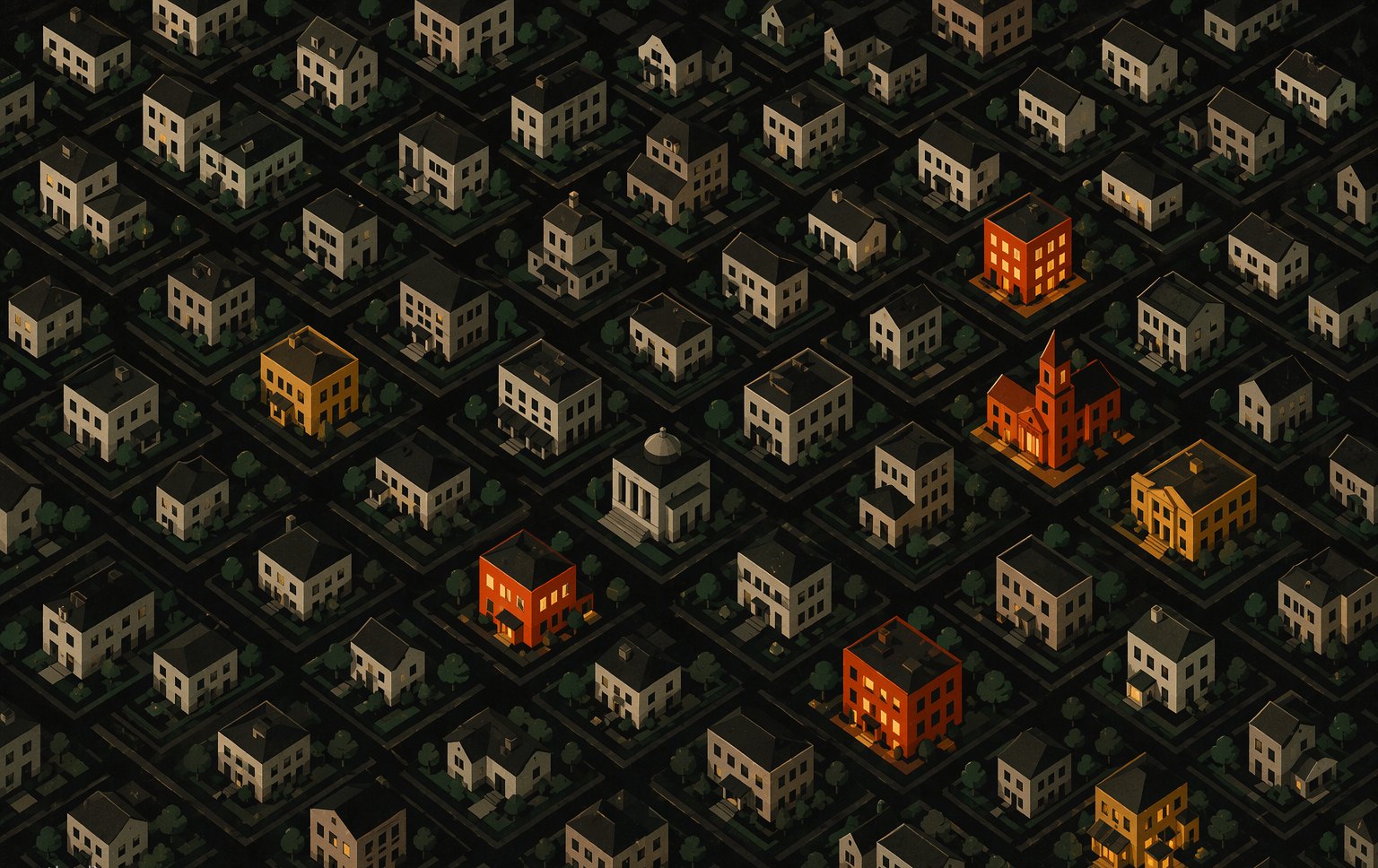 Cover art: a dense isometric grid of tiny buildings on dark stock, a handful lit in vermilion and ochre
