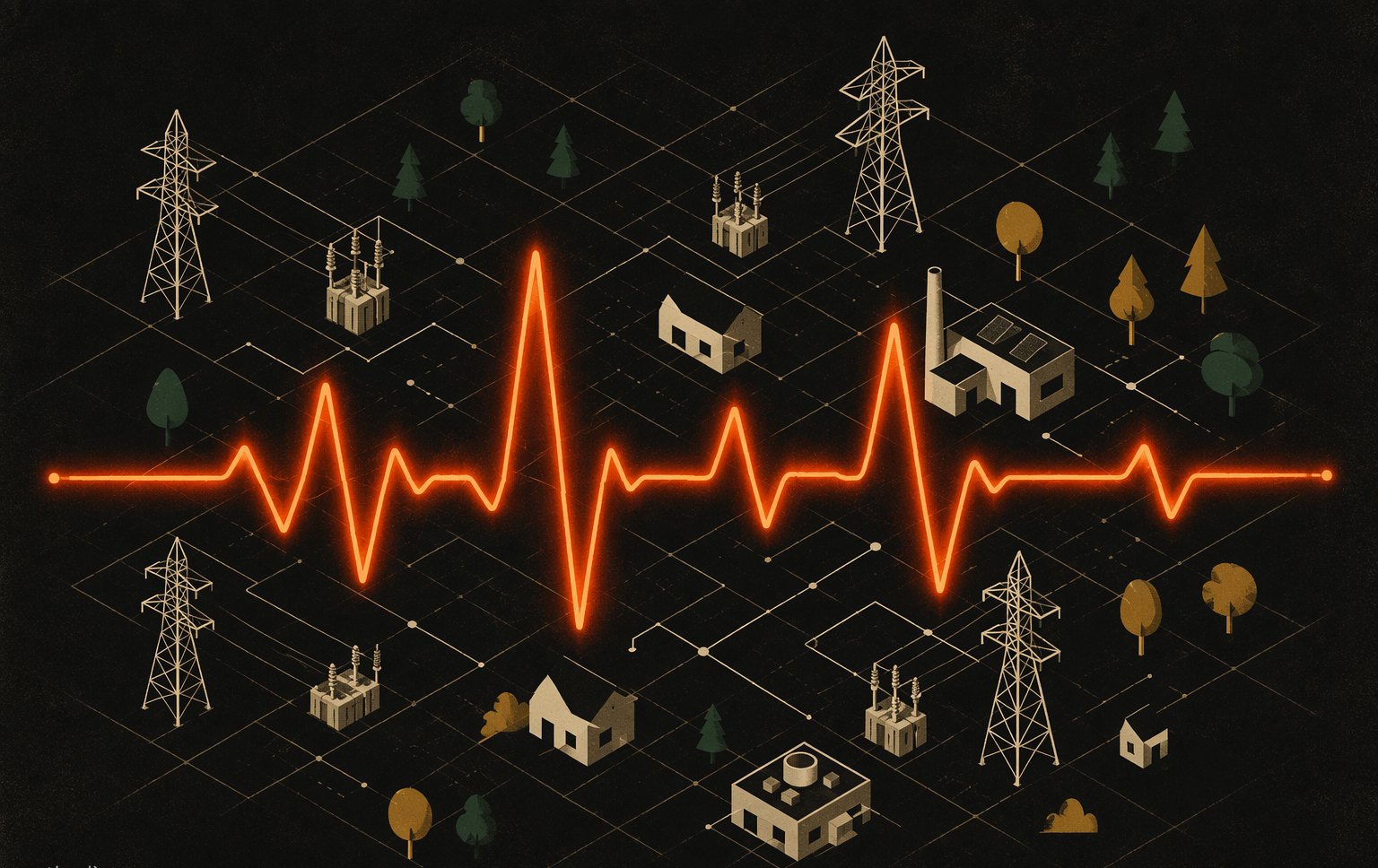 Cover art: a glowing vermilion pulse waveform crossing a faint blueprint grid with transmission towers, on dark stock