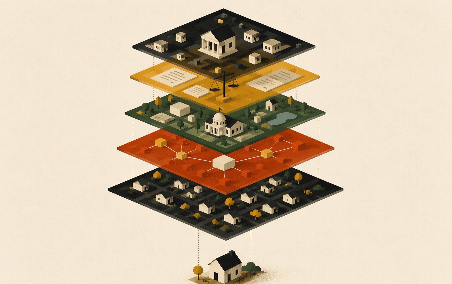 Cover art: an isometric stack of floating government platform layers hovering above one tiny house