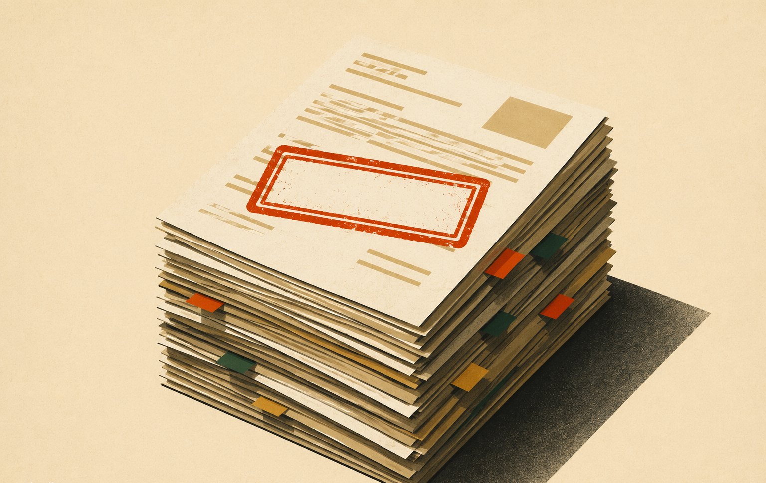 Cover art: a tall stack of official documents, the top sheet stamped with a bold vermilion rectangular mark