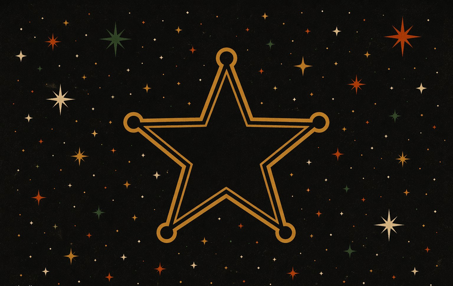 Cover art: one large sheriff-star outline surrounded by a constellation of small stars on dark stock