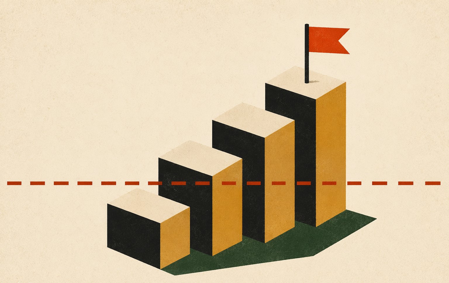Cover art: a rising staircase of podiums with a vermilion flag on the tallest, crossed by a flat dashed line