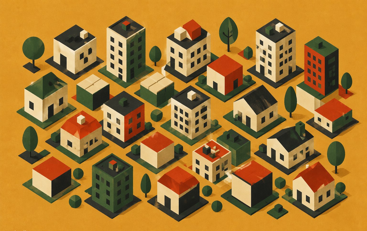 Cover art: a cluster of isometric city buildings in cream, forest, vermilion and ink on an ochre gold field