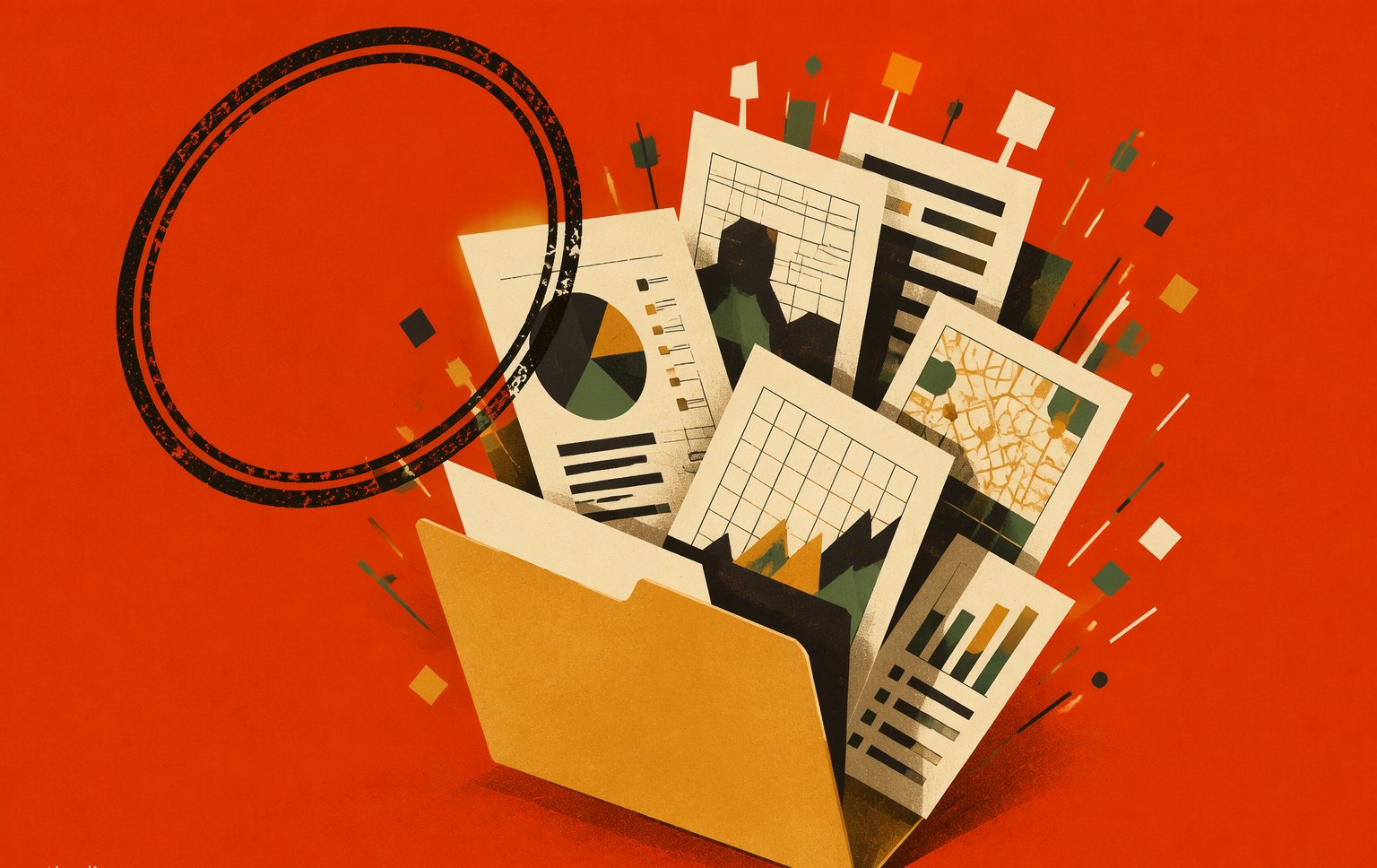 Cover art: on a vermilion field, a manila folder bursting with public documents beside a large tilted rubber-stamp ring