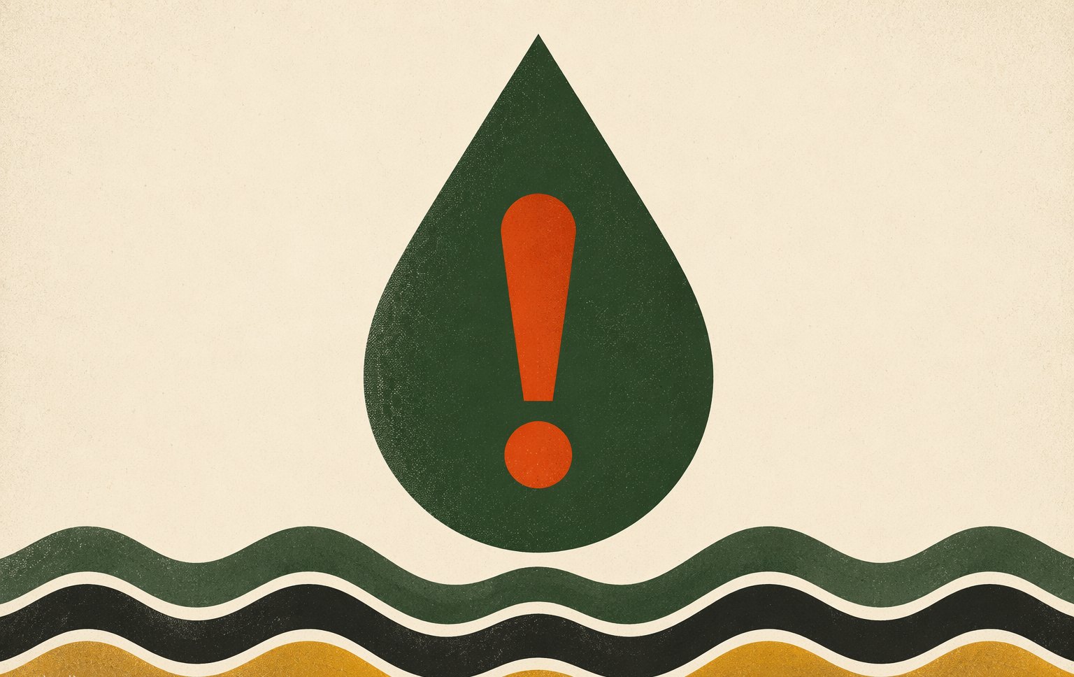 Cover art: a large forest-green water droplet containing a vermilion exclamation mark, above stylized waves