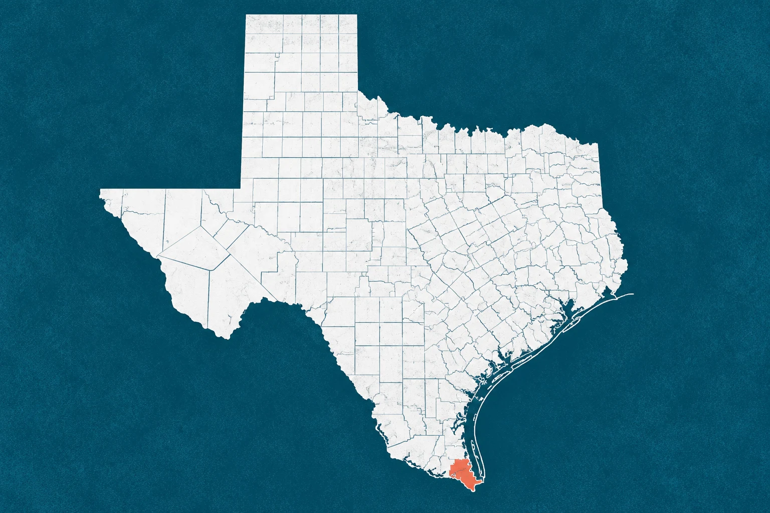 Editorial Texas map illustration with Cameron County highlighted. The source-derived ZIP map is in the full investigation.