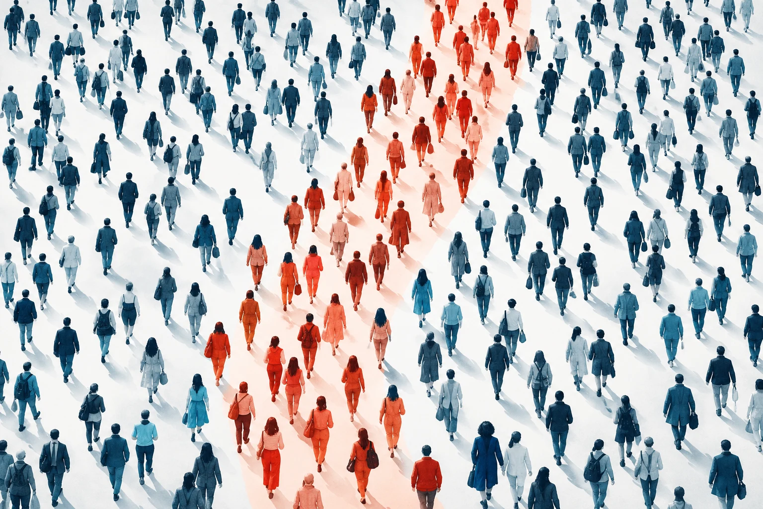 Editorial illustration of an anonymous crowd with a coral-highlighted cohort. The illustration is not a count of individual records.