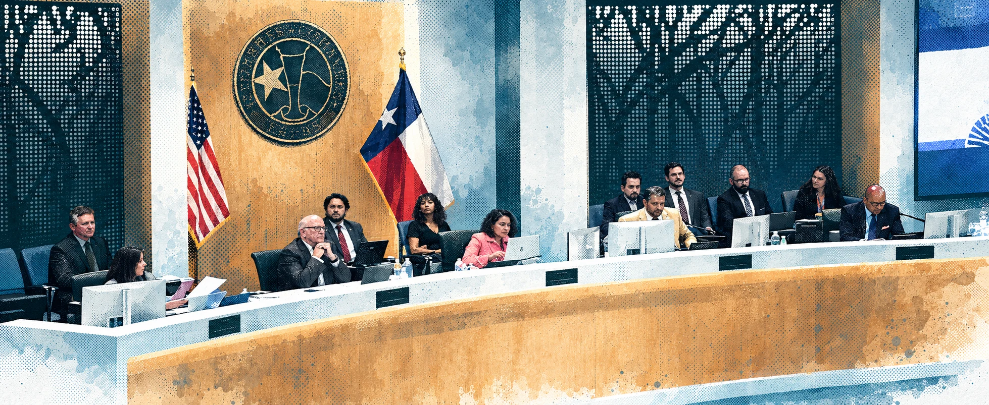 Illustrated treatment of a frame from the Commissioners Court meeting.