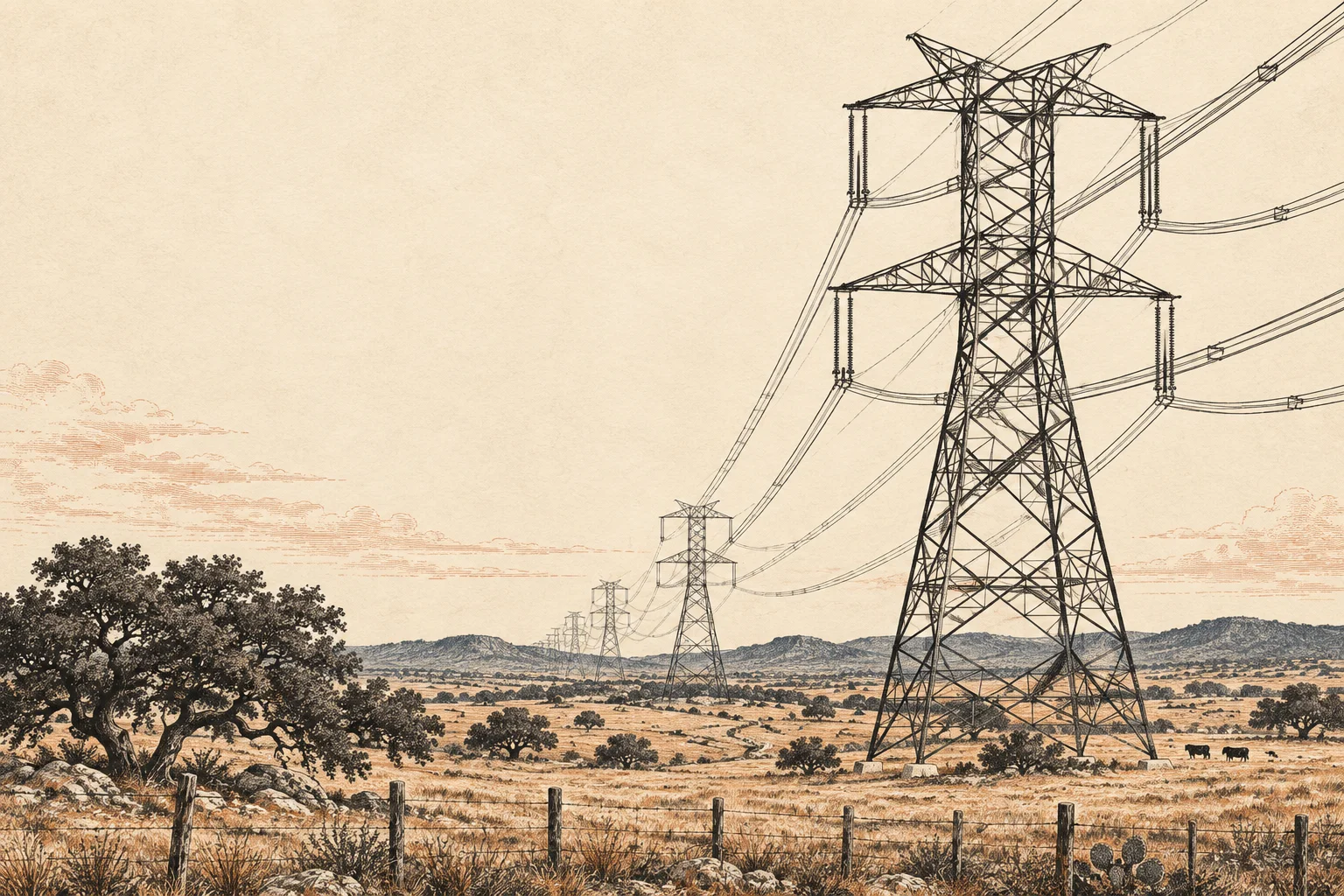 Editorial illustration of transmission towers crossing a Texas landscape